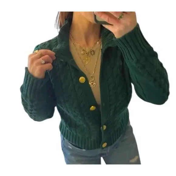 J Crew Cable Knit Cardigan Ruffle Neck Button Front Wool CHRISTMAS Sz small - Picture 2 of 13